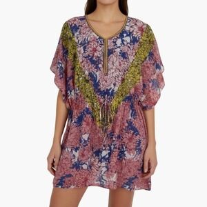 Megan Park Kaftan Tunic Top Size Small Multicolor Floral Boho Resortwear Beach